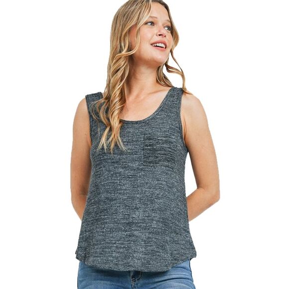 Charcoal Sleeveless Scoop Neck Curved Hem Tank Top - Picture 1 of 3
